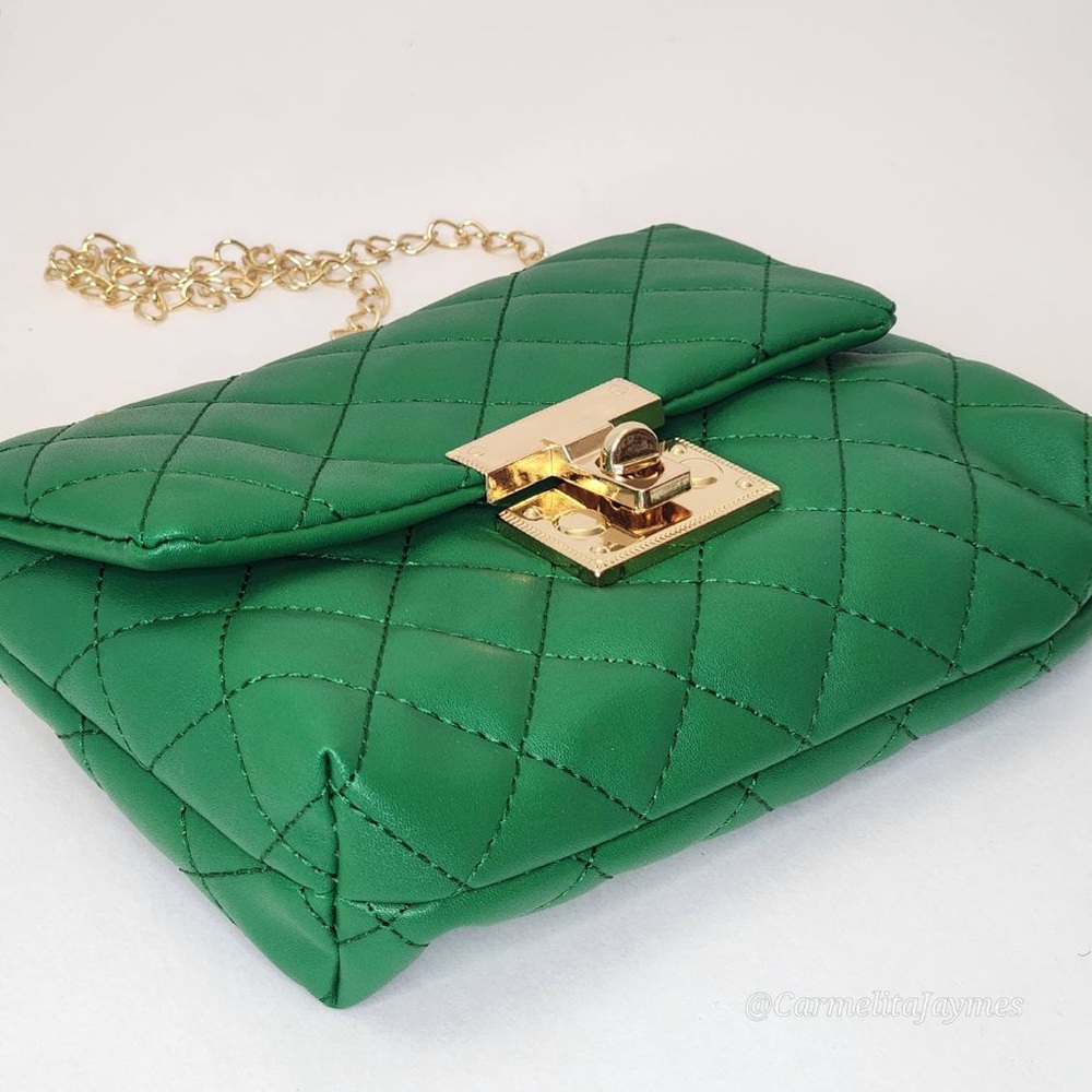 EMERALD 👜6" X 9" Green Quilted Diamond Crossbody Bag w Gold Chain & Closure NEW